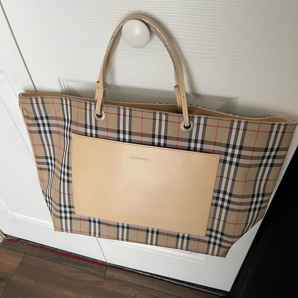 Burberry Beige and Black Checkered Tote